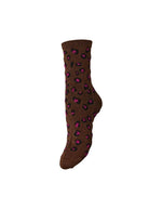 Chaussettes pailletées pour femme imprimé léopard fuchsia et noir avec fils métallisés et finition bord-côtes, modèle Sebby de la marque PIECES.