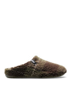 Chaussons d'intérieur style sabot à carreaux kaki, marron et beige avec doublure chaude en fausse fourrure