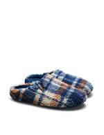 Paire de Chaussons d'intérieur style sabot à carreaux marron terre, marine et beige avec doublure chaude en fausse fourrure