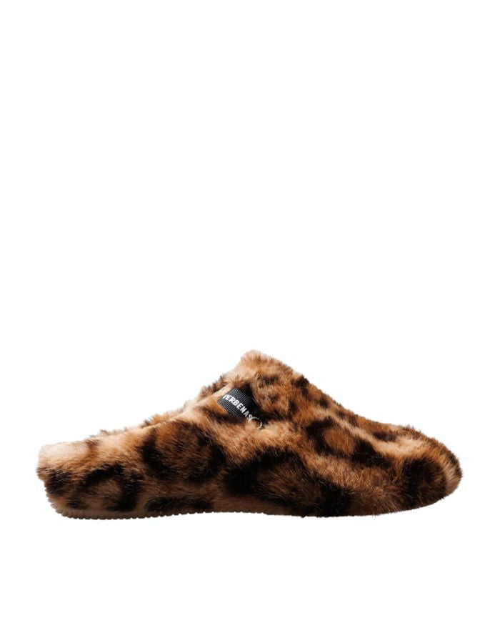 Chaussons sabots verbenas york feline natural fausse fourrure leopard marron semelle caoutchouc