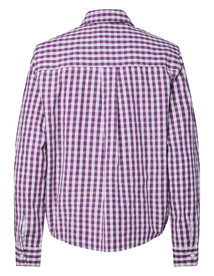 Dos de la Chemise à manches longues pour femme en popeline à motif vichy violet acai et blanc avec col classique et boutonnage sur le devant, modèle Jonia de la marque PIECES