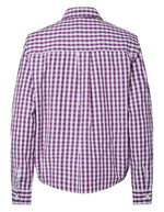 Dos de la Chemise à manches longues pour femme en popeline à motif vichy violet acai et blanc avec col classique et boutonnage sur le devant, modèle Jonia de la marque PIECES