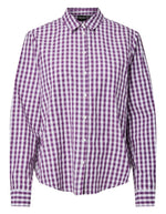Chemise à manches longues pour femme en popeline à motif vichy violet acai et blanc avec col classique et boutonnage sur le devant, modèle Jonia de la marque PIECES