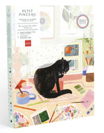 Coffret de peinture au numéro Petit Pinceau La pause du chat par Papier Coton pour La Petite Épicerie. Contient une illustration à peindre 24,5x32,5 cm, 18 pots de peinture biosourcée et 2 pinceaux vegan.