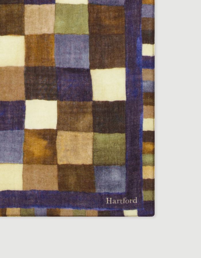 Matiere de l'Echarpe bandana carree 75x75cm en laine bleu hartford imprime geometrique