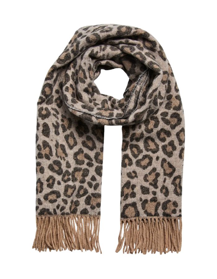 Echarpe etole jira natural leo pieces leopard camel beige franges laine rws