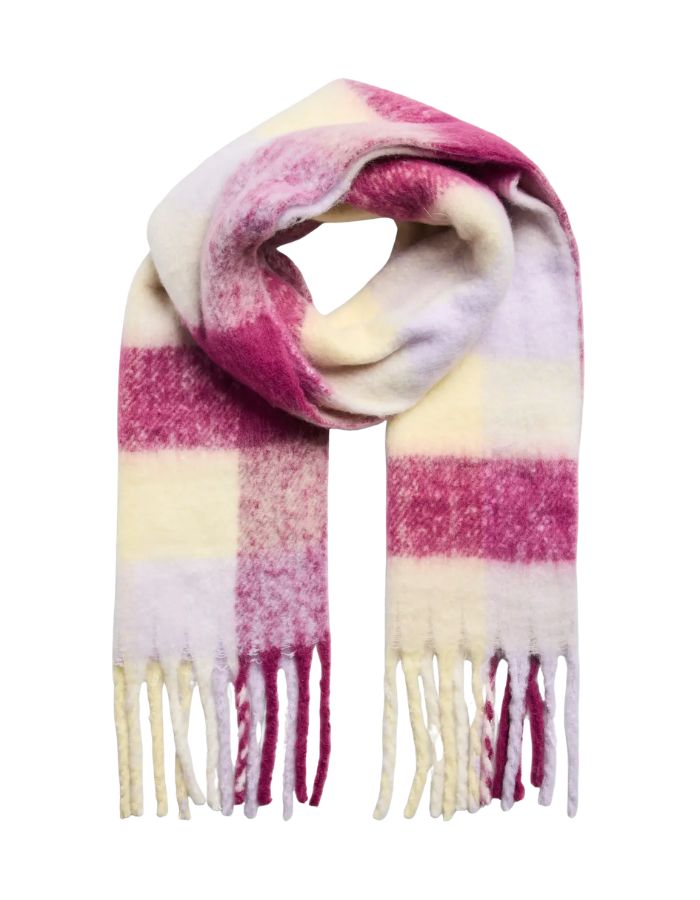 Echarpe longue bea lilas pastel vanille carreaux franges polyester recycle Pieces