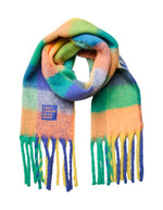 Echarpe longue fina bluing bleu multicolore motif patchwork franges polyester recycle pieces