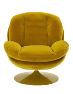 Vue de face du Fauteuil loveuse pivotant jaune moutarde assise moelleuse pied metal dore gold