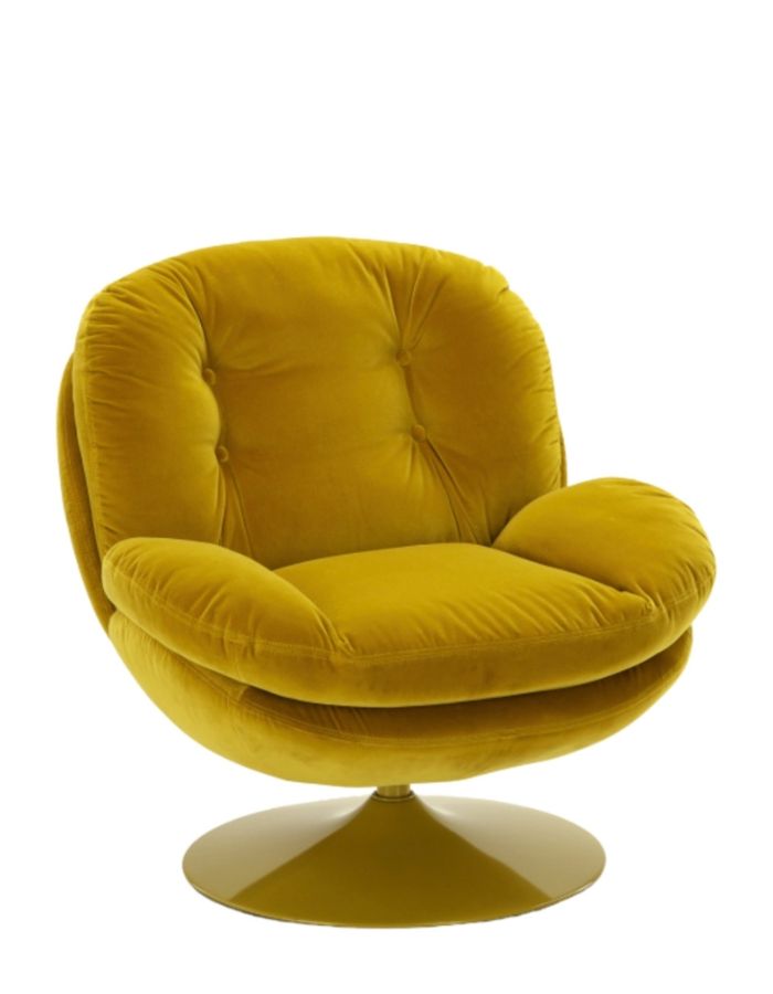 Fauteuil loveuse pivotant jaune moutarde assise moelleuse pied metal dore gold