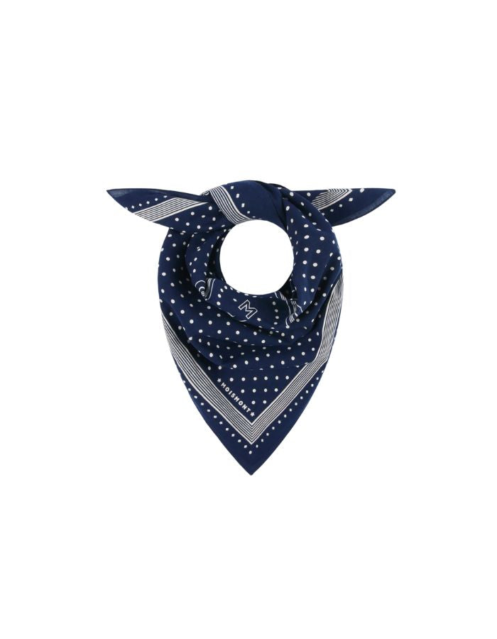 Foulard carré pour femme en coton bleu marine imprimé pois et médaillon étoilé avec bordure rayée, modèle Allegra N°843 couleur Navy de MOISMONT. Format 55x55 cm.