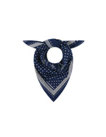 Foulard carré pour femme en coton bleu marine imprimé pois et médaillon étoilé avec bordure rayée, modèle Allegra N°843 couleur Navy de MOISMONT. Format 55x55 cm.