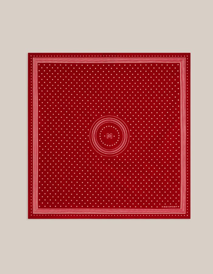 Foulard carré déplié pour femme en coton imprimé pois et médaillon étoilé avec bordure rayée, modèle Allegra N°843 Theater de MOISMONT. Format 55x55 cm.