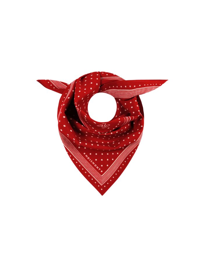 Foulard carré pour femme en coton imprimé pois et médaillon étoilé avec bordure rayée, modèle Allegra N°843 Theater de MOISMONT. Format 55x55 cm.
