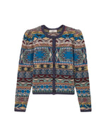 Gilet droit pour femme en maille jacquard multicolore avec fil métallisé, modèle Maja de la marque ba&sh. Tricot en laine certifiée avec motif graphique.