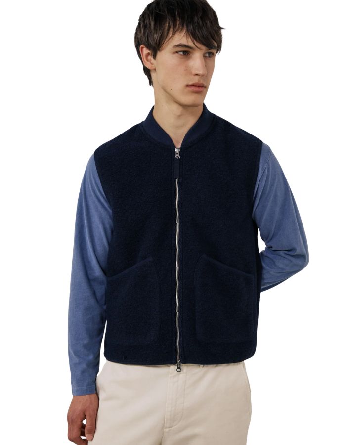 Gilet homme sans manches en laine bouillie bleu marine boiled hartford double zip