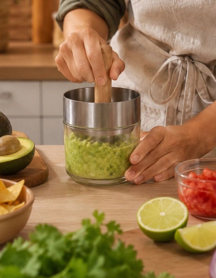Utilisation du Kit apero pour guacamole et houmous cookut avec bol en verre pilon bambou et grille metal.