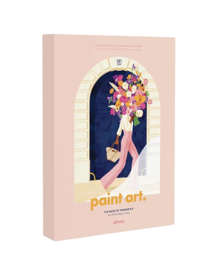 Kit de peinture au numero parisian door porte bleu marine et grand bouquet de fleurs peinture biosourcee marque All The Ways To Say