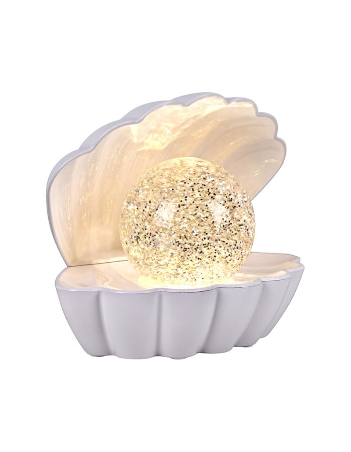 Profil de la Lampe décorative en forme de coquillage blanc brillant Coki avec paillettes scintillantes animées et éclairage LED