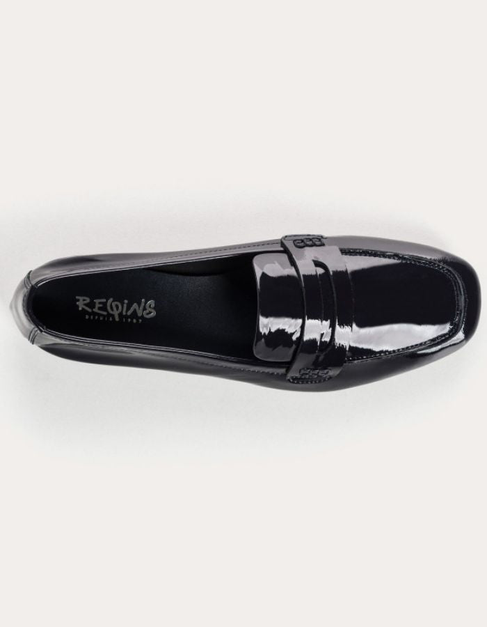 Dessus des Mocassins hema vernis marine bleu brillant cuir plat reqins