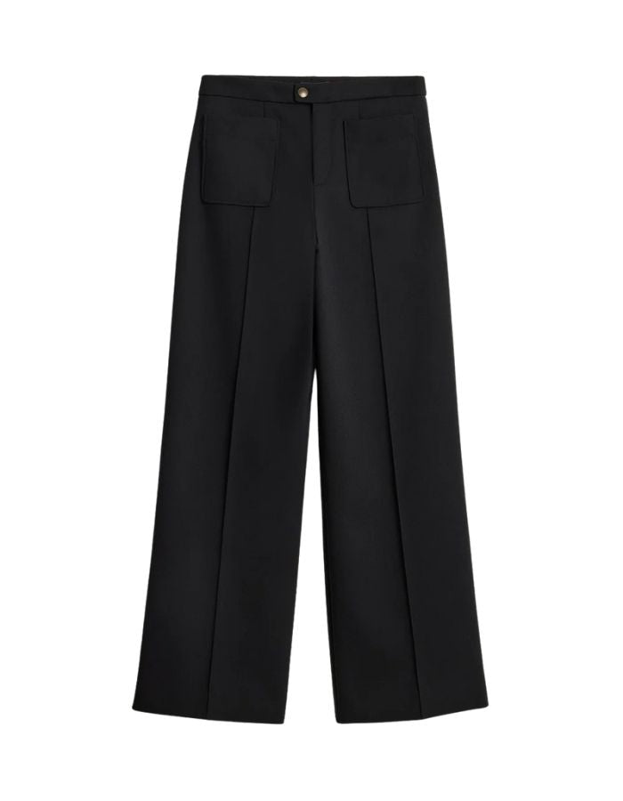 Pantalon droit légèrement évasé pour femme en lainage noir longueur 7/8e avec poches plaquées et pli marqué, modèle Harry de la marque Soeur.