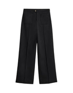 Pantalon droit légèrement évasé pour femme en lainage noir longueur 7/8e avec poches plaquées et pli marqué, modèle Harry de la marque Soeur.