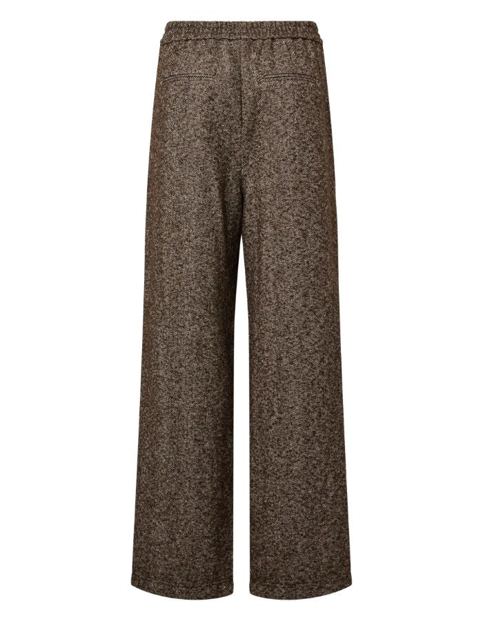 Dos du Pantalon de tailleur large marron café à motif chevron avec taille mi-haute élastiquée et longueur cheville