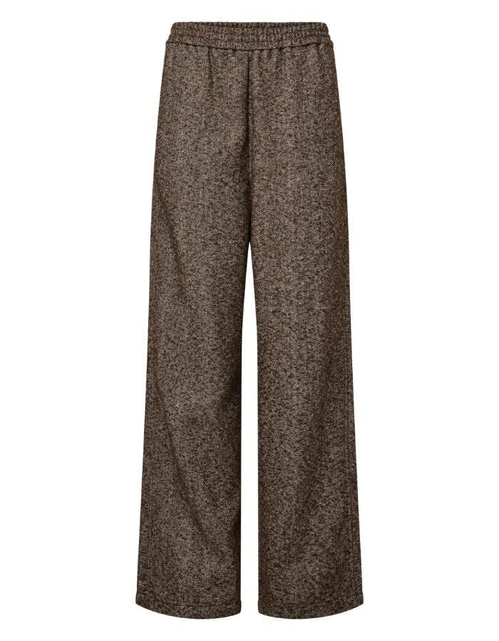 Pantalon de tailleur large marron café à motif chevron avec taille mi-haute élastiquée et longueur cheville