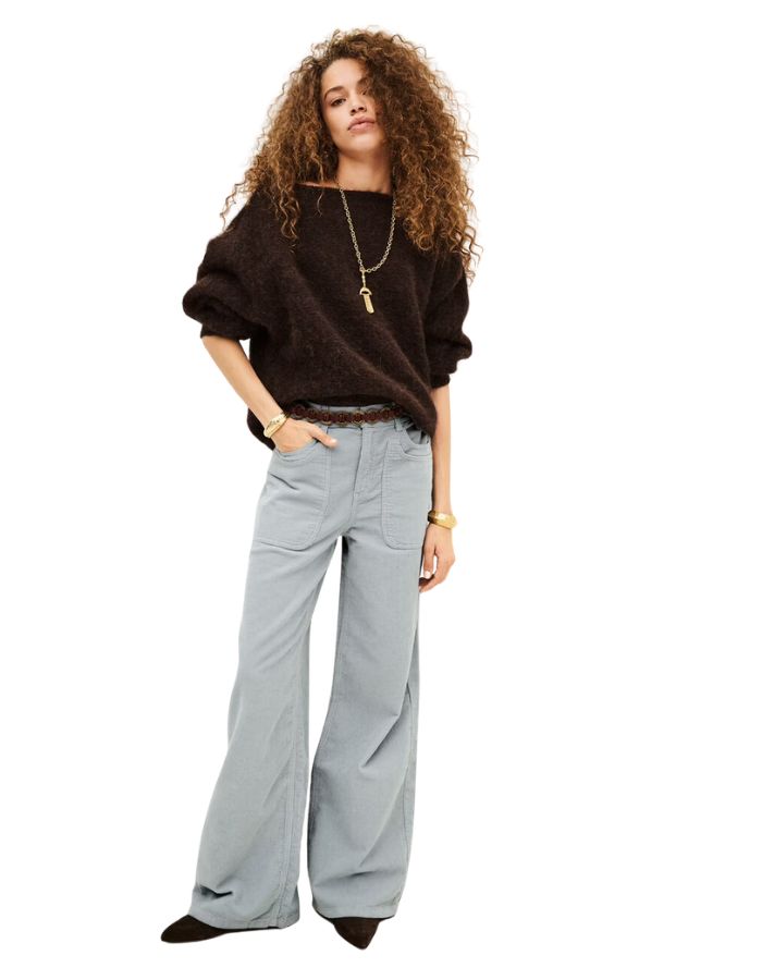 Vue de face du Pantalon droit velours bleu glacier zoel bash multipoches style militaire coton bio