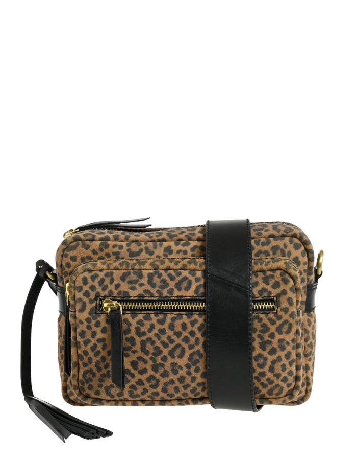 Petit sac trotteur rectangulaire pour femme en cuir velours imprimé léopard avec pompon en cuir et bandoulière réglable, modèle Clara de LOXWOOD.