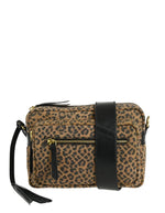 Petit sac trotteur rectangulaire pour femme en cuir velours imprimé léopard avec pompon en cuir et bandoulière réglable, modèle Clara de LOXWOOD.