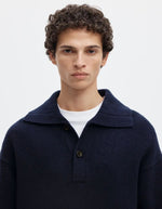 Col du Polo en maille manches longues bleu marine en laine cody col boutonne relax fit marque Selected