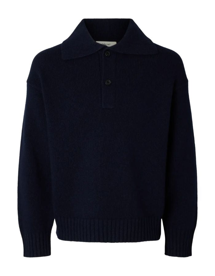 Polo en maille manches longues bleu marine en laine cody col boutonne relax fit marque Selected