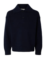 Polo en maille manches longues bleu marine en laine cody col boutonne relax fit marque Selected