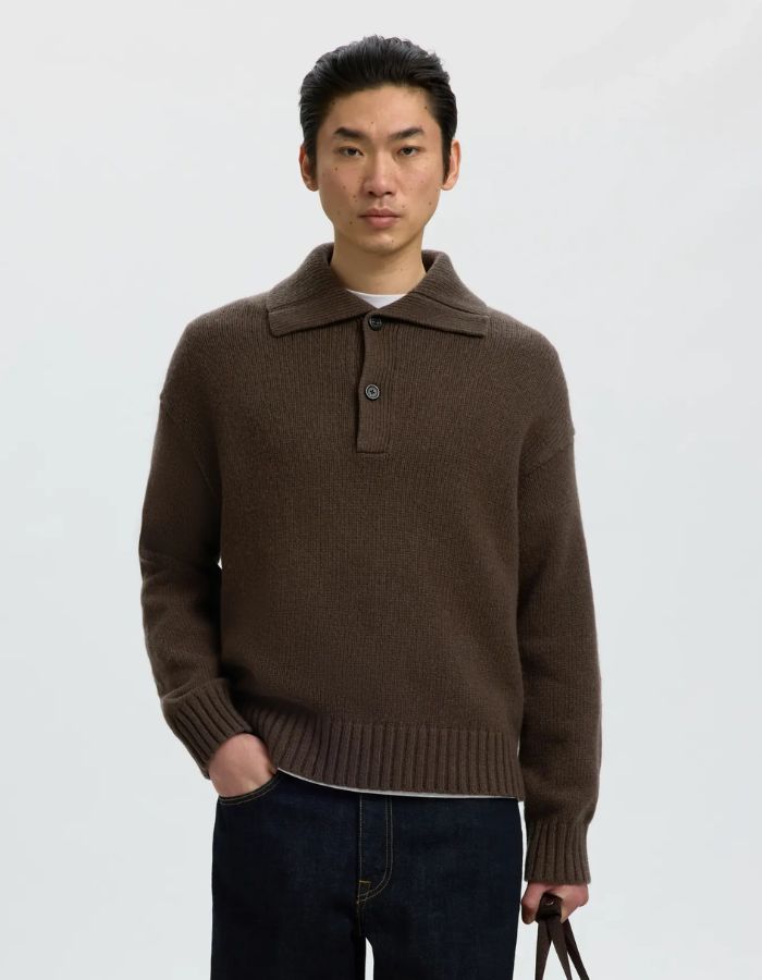 Vue de face du Polo en maille manches longues marron en laine cody col boutonne relax fit marque Selected.