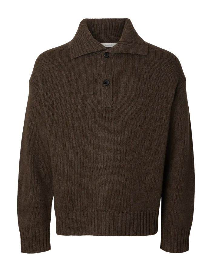 Polo en maille manches longues marron en laine cody col boutonne relax fit marque Selected.