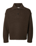 Polo en maille manches longues marron en laine cody col boutonne relax fit marque Selected.