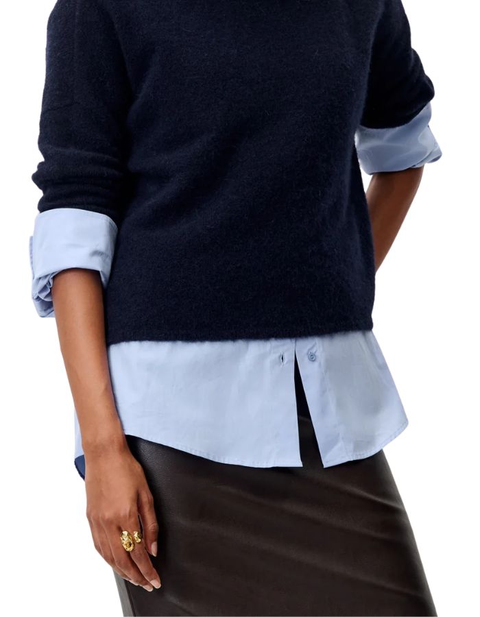 Vue de face du Pull ample col montant bleu marine navy sessun maille laine alpaga emmanchures basses