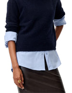 Vue de face du Pull ample col montant bleu marine navy sessun maille laine alpaga emmanchures basses