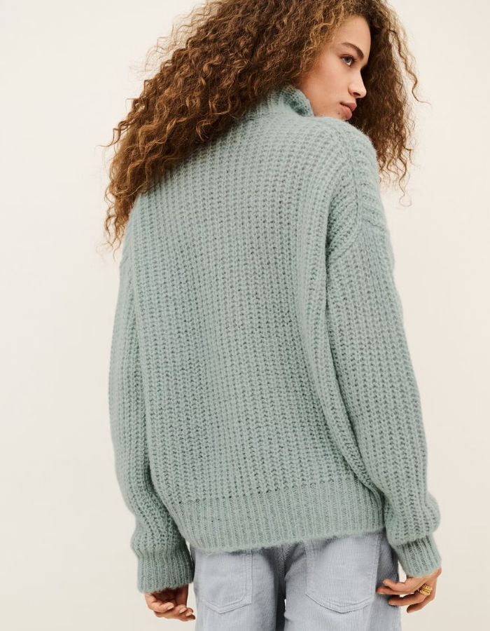 Dos du Pull beltane bleu glacier col camionneur zippe alpaga mohair bash
