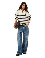 Silhouette avec le Pull beltane ecru rayures marine col camionneur ziill alpaga mohair bash