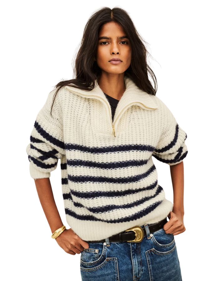 Pull beltane ecru rayures marine col camionneur ziill alpaga mohair bash