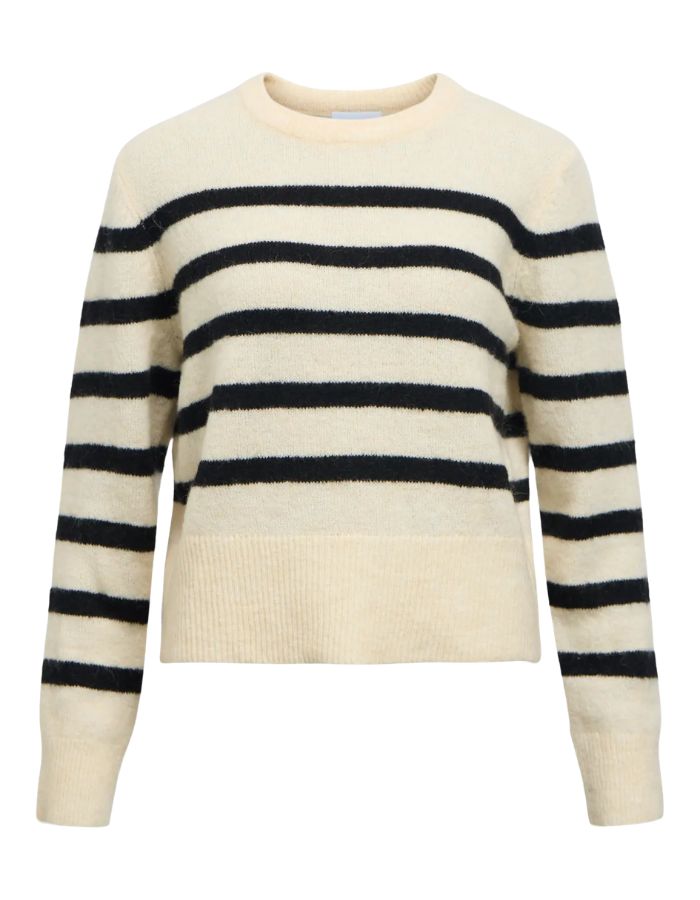Pull droit pour femme en tricot de laine et alpaga bicolore blanc bouleau birch et noir avec col rond et manches longues, modèle Aggie de la marque OBJECT