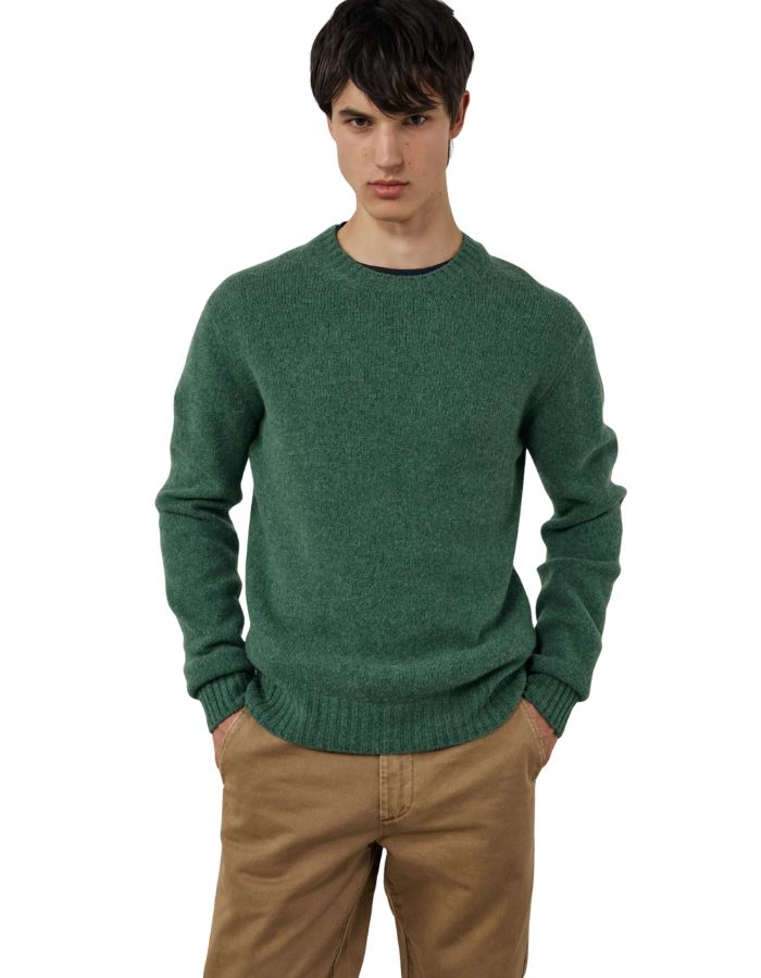 Pull homme col rond en laine vierge shetland vert brossée hartford fabriqué en italie