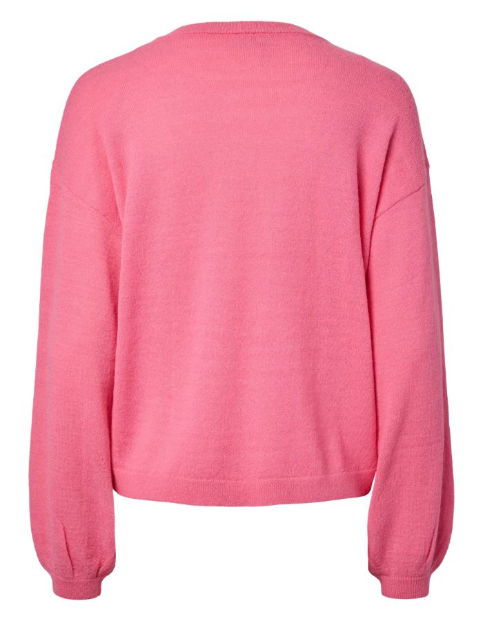 Dos du Pull col rond nancie Pieces patchwork rose et orange manches eveque maille