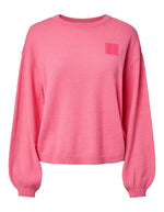 Pull col rond nancie Pieces patchwork rose et orange manches eveque maille