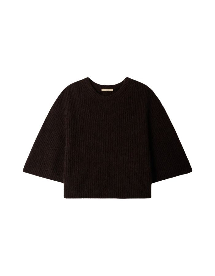 Pull duveteux col rond pour femme en maille côtes perlées ébène avec manches 3/4 larges en laine mérinos et alpaga, modèle Tallon de la marque Sessùn