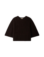 Pull duveteux col rond pour femme en maille côtes perlées ébène avec manches 3/4 larges en laine mérinos et alpaga, modèle Tallon de la marque Sessùn
