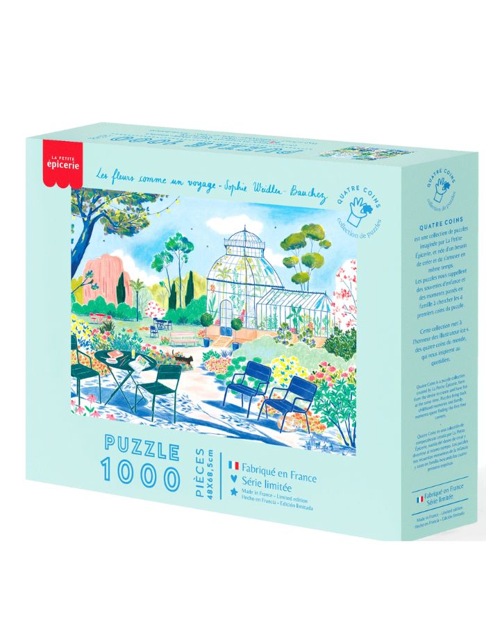 Puzzle 1000 pièces Les fleurs comme un voyage par Sophie Weidler Bauchez pour La Petite Épicerie. Illustration de jardin et serre végétale fabriquée en France, format 68,5x48 cm.