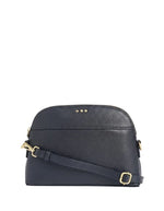 Petit sac bandoulière demi-lune pour femme en cuir grainé bleu nuit avec fermeture zippée, modèle Demi-Lune de la marque Loxwood.